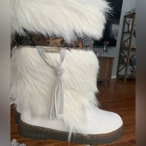 BearPaw Cream Fur Boots with Feather Accent